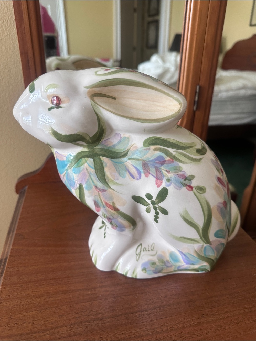 Hand-Painted White Ceramic Rabbit Sculpture with Floral Accents - Picture 2 of 5
